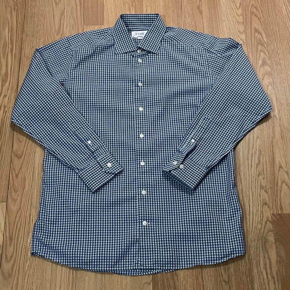 Eton Men’s Large 16.5/42 Long Sleeve Button Up Shirt Blue Gingham Check